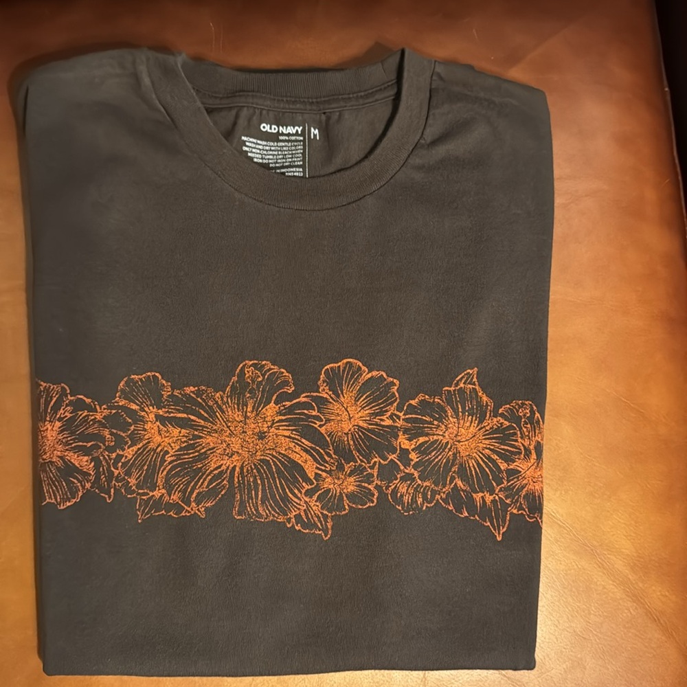 Old Navy Brown T-Shirt with Orange Floral Design